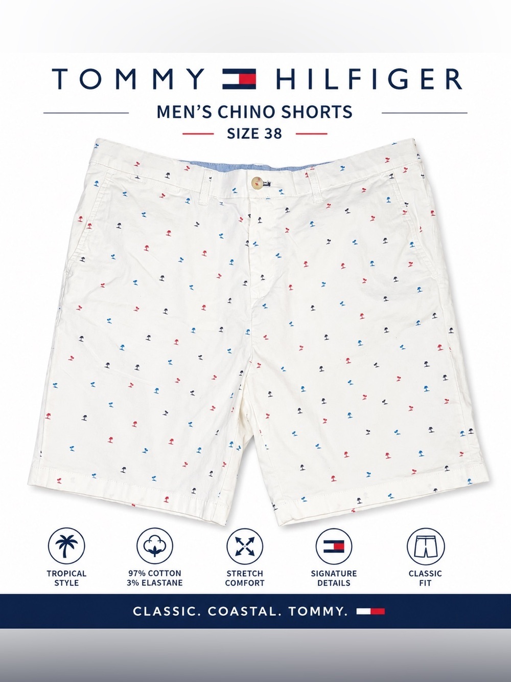 Tommy Hilfiger White Palm Tree Print Stretch Chino Shorts Size 38 Men